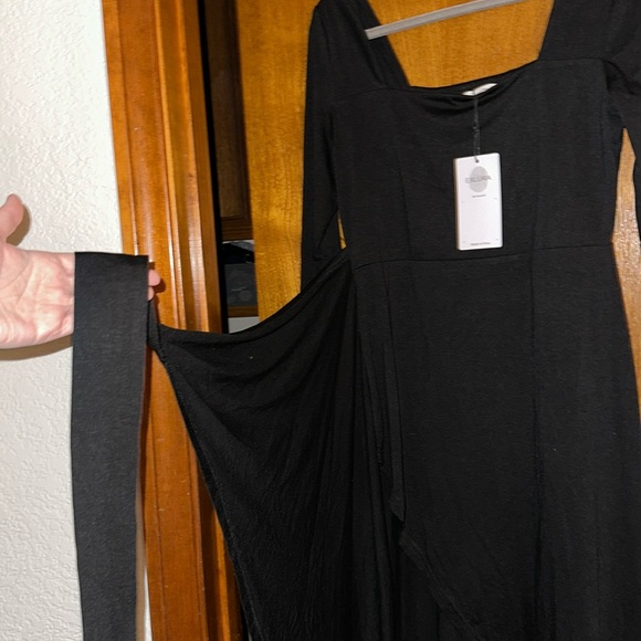 NWT EXLURA Black Square Long Sleeve Bodycon Midi Dress Split Front with Belt - Picture 7 of 9
